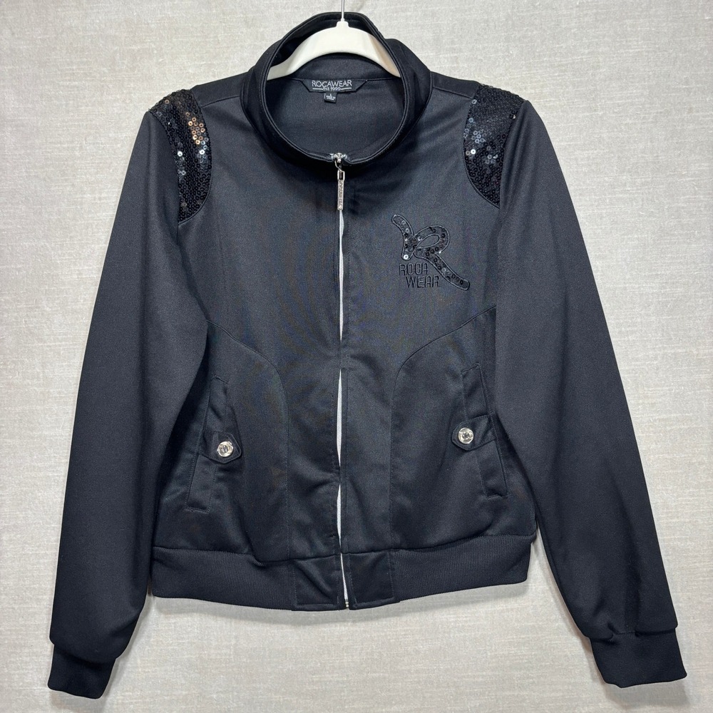 Rocawear Y2K Track‎ Jacket Sequins Logo L Black Zip Athleisure urban Streetwear